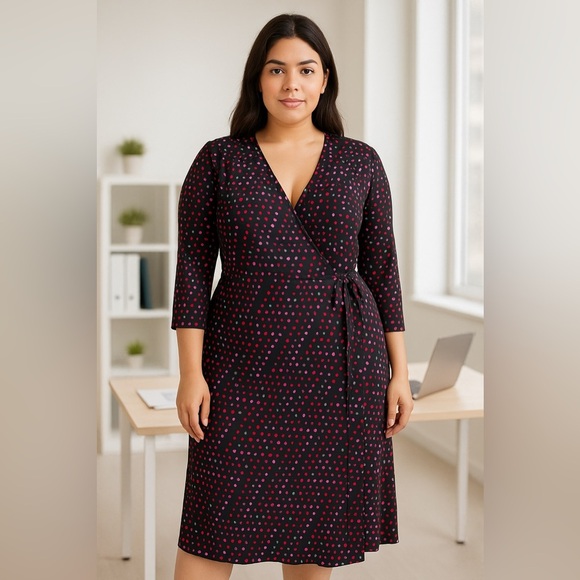 Vintage Venezia Polka Dot Print Wrap Dress Plus Size 22/24 Black Pink Y2K Office - Picture 1 of 12